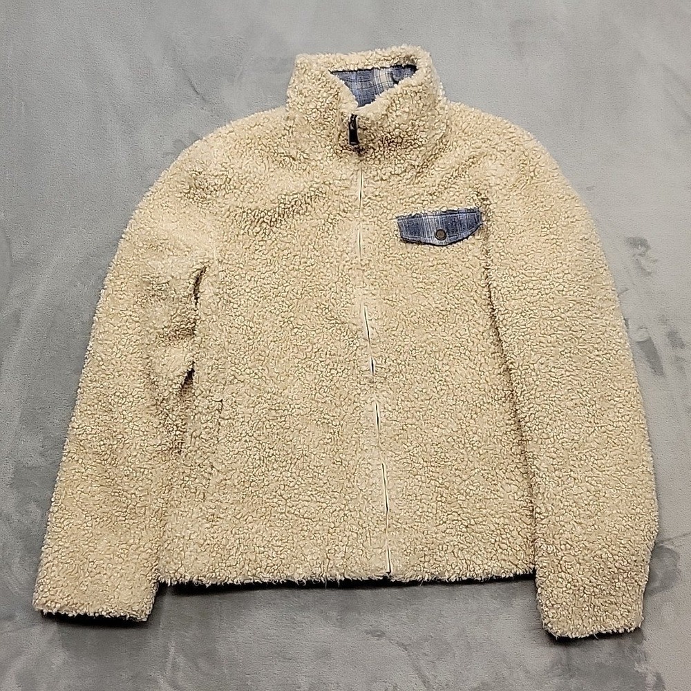 Pendleton Jacket Womens Medium Beige Sherpa Fleece Plaid Trim Full Zip Warm Cozy